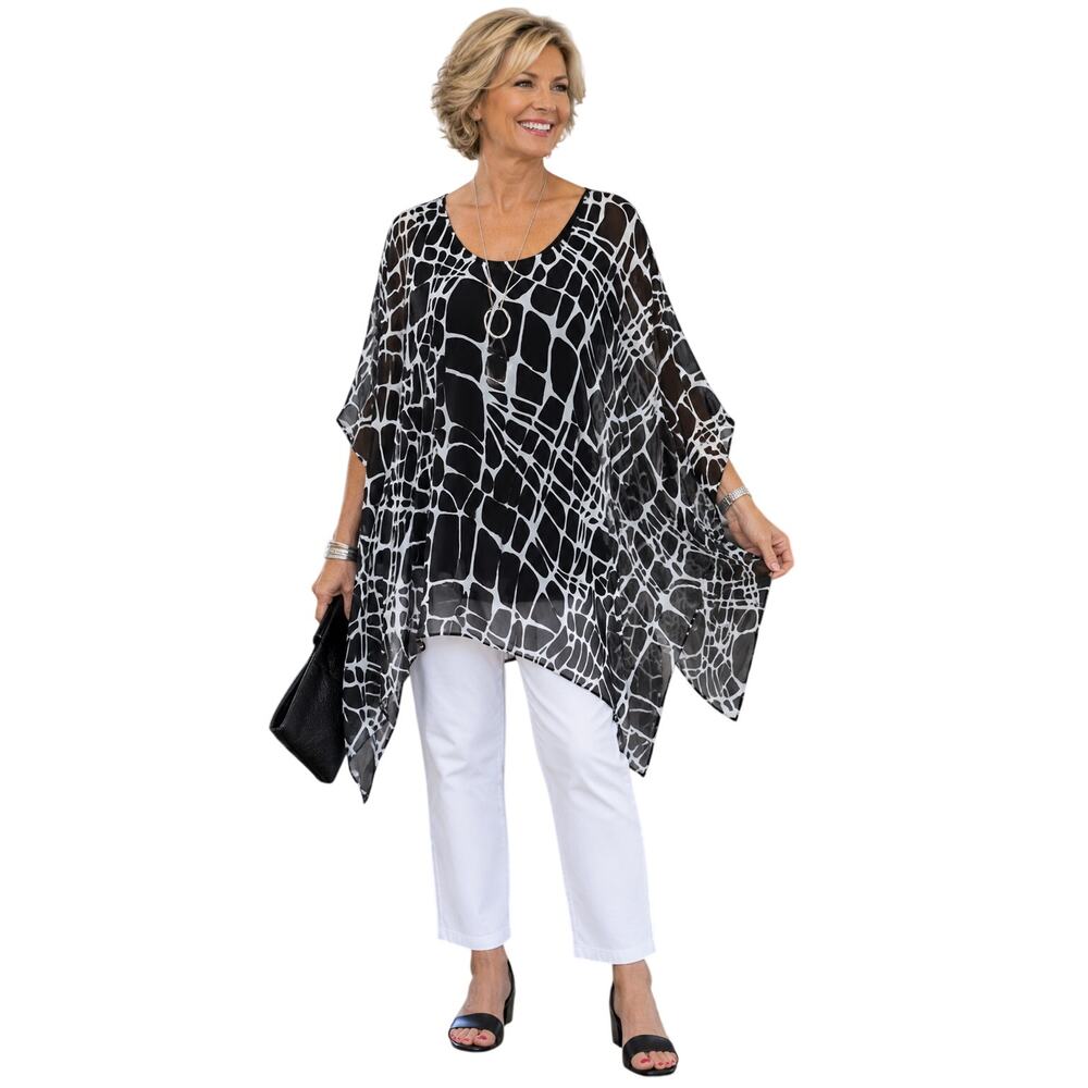 Chico's Women's Black White Abstract Print Poncho Blouse L/XL Sheer